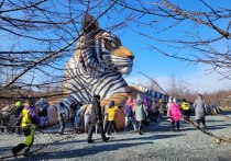 На сахалинской оленьей ферме Rose Agro возвели арт-объект в виде тигра размером 7,8 на 25 метров — это самая большая статуя хищника в стране