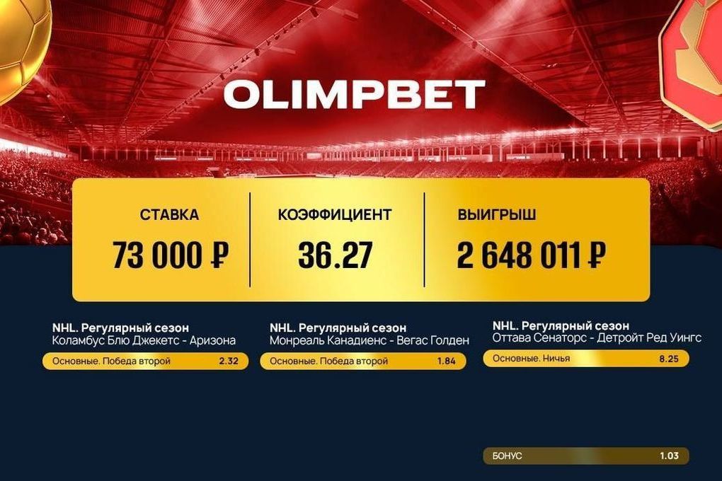 Экспресс на матчи НХЛ принес клиенту Olimpbet 2,6 миллиона рублей