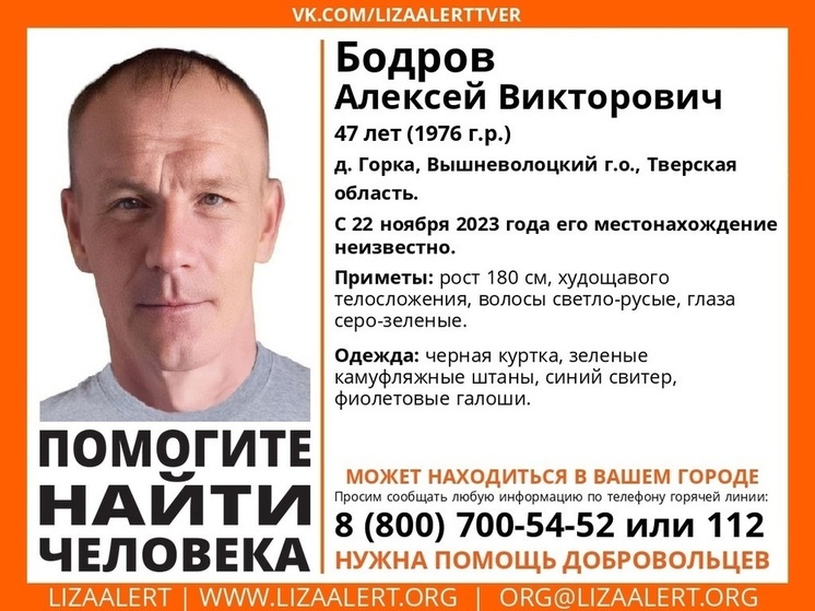 В Тверской области ищут пропавшего мужчину в фиолетовых галошах