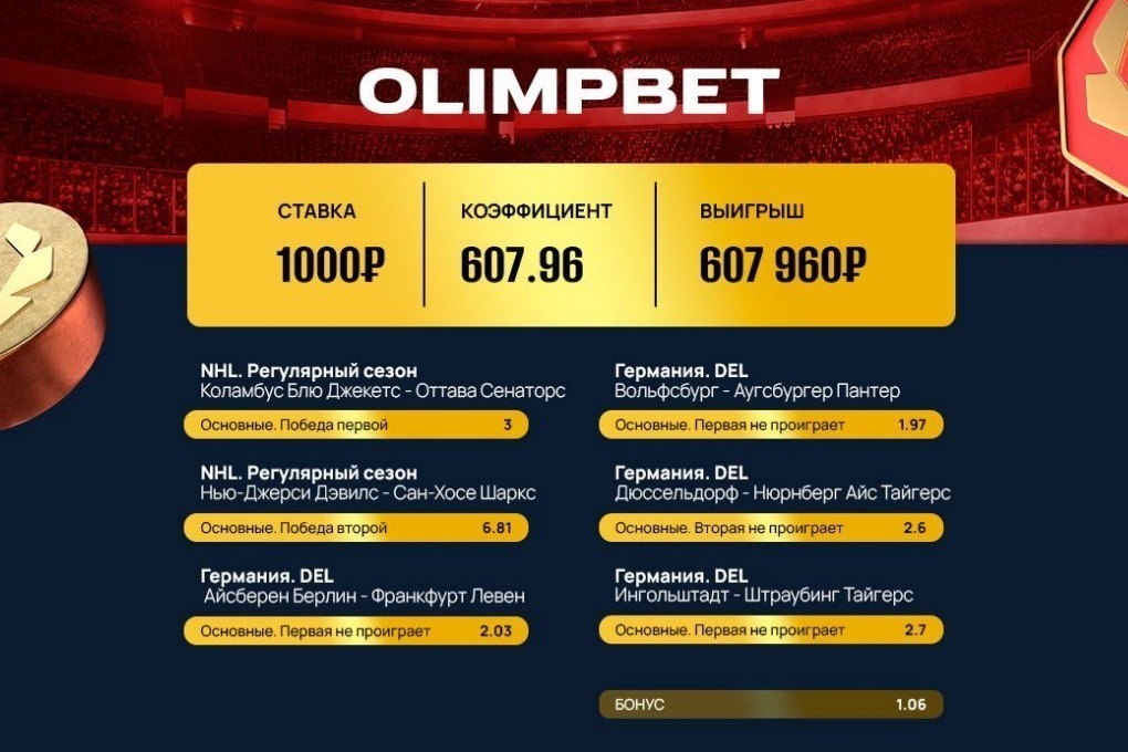 Клиент OLIMPBET выиграл 600 тысяч на хоккейном экспрессе