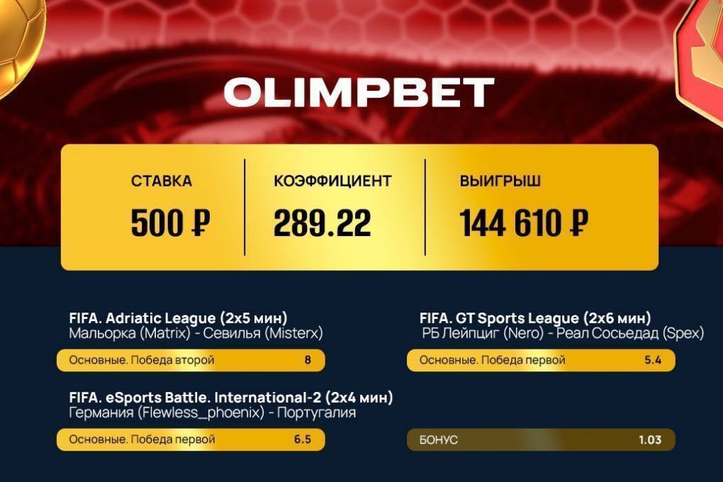 144 610 рублей принес клиенту OLIMPBET экспресс на киберфутбол