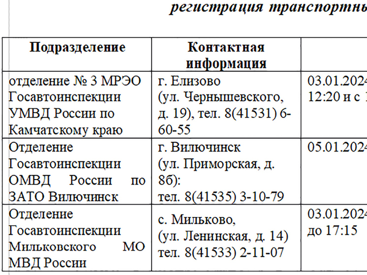 График работы камчатских регистрационных пунктов ГАИ на Новый год