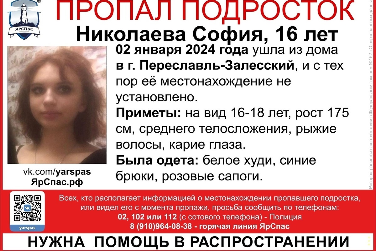 В Ярославской области в новогодние праздники пропала 16-летняя девушка
