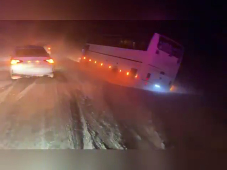 Под Новосибирском автобус из Казахстана с 45 пассажирами съехал в кювет