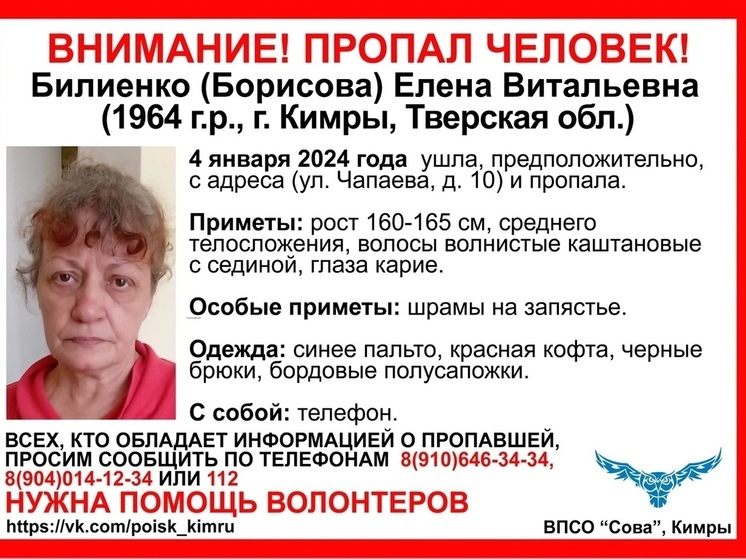 Волонтеры обновили ориентировку на пропавшую в Тверской области женщину