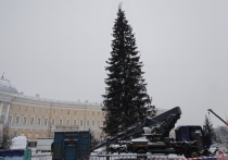 Рабочие начали производить демонтаж новогодней елки на Дворцовой площади в центре Петербурга