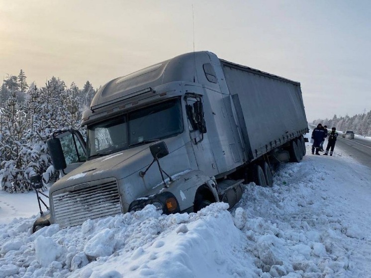 На трассе ЯНАО силовики помогли водителю достать из сугроба фуру