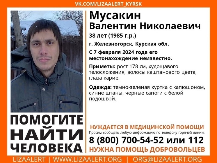 В Железногорске пропал 38-летний Валентин Мусакин