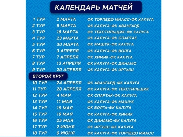 Назван первый соперник ФК "Калуга" нового сезона в группе "Серебро"