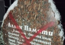 Плиты в честь городов России и памятный знак павшим советским воинам на аллею памяти погибших в Великой Отечественной войне в Харькове измазали красной краской