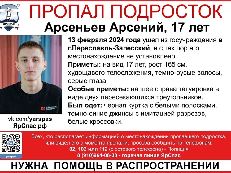 В Ярославской области около двух недель не могут найти 17-летнего юношу с татуировкой