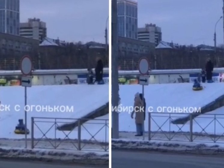В Новосибирске женщина катала детей на ватрушке рядом с дорогой