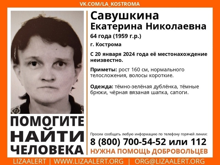 В Костроме разыскивают пожилую женщину, пропавшую 20 января