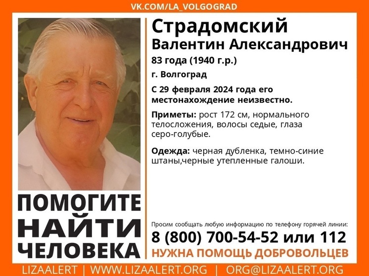 В Волгограде с 29 февраля ищут 83-летнего пропавшего мужчину