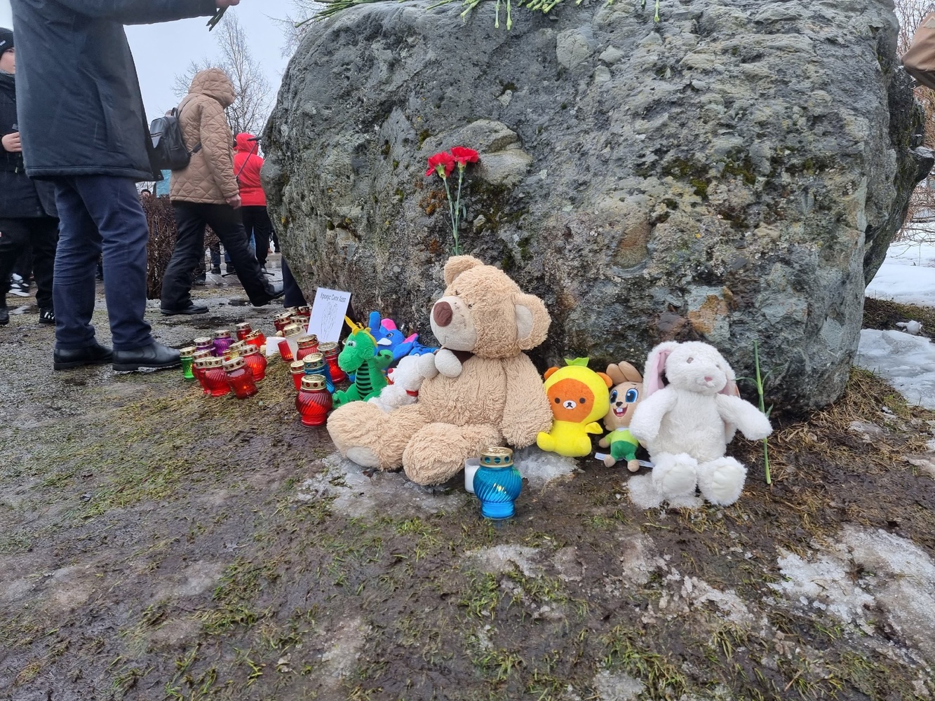 Красное на сером:  Камень скорби в Петрозаводске утонул в цветах