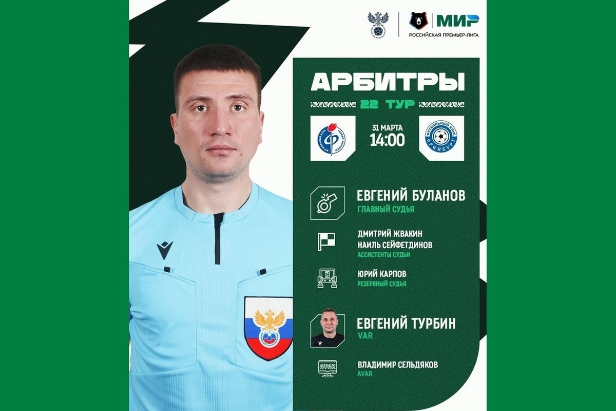 The Fakel - Orenburg match in Voronezh will be refereed by Evgeniy Bulanov