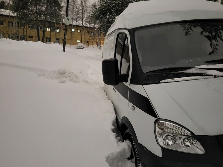 Автомобиль скорой помощи застрял в снегу во дворе дома на Космонавтов в Ноябрьске. Вытащить его пытались сотрудники ритуальной службы, но успеха добилась только вторая скорая