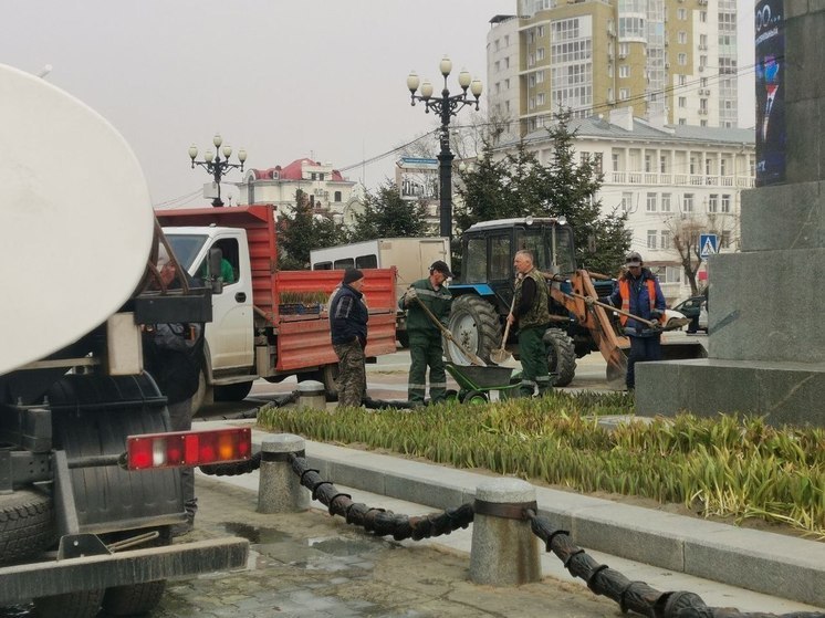 В Хабаровске на площади высадили первые цветы