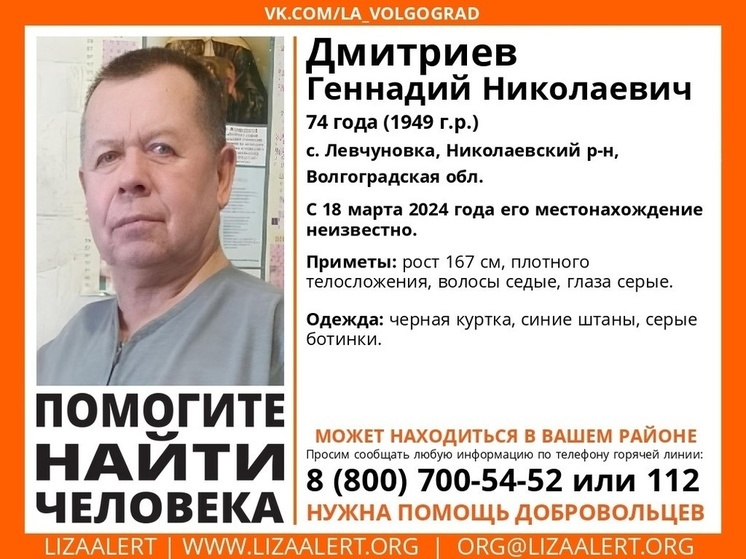 В Волгоградской области с 18 марта ищут пропавшего 74-летнего мужчину