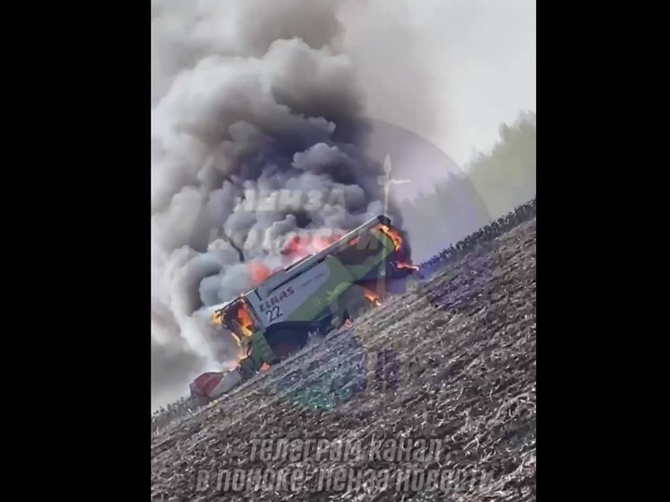 В Пензенской области посреди поля сгорел комбайн