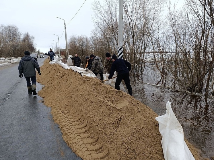 На набережной Холмогорского округа устраивают песчаную насыпь для защиты от паводка