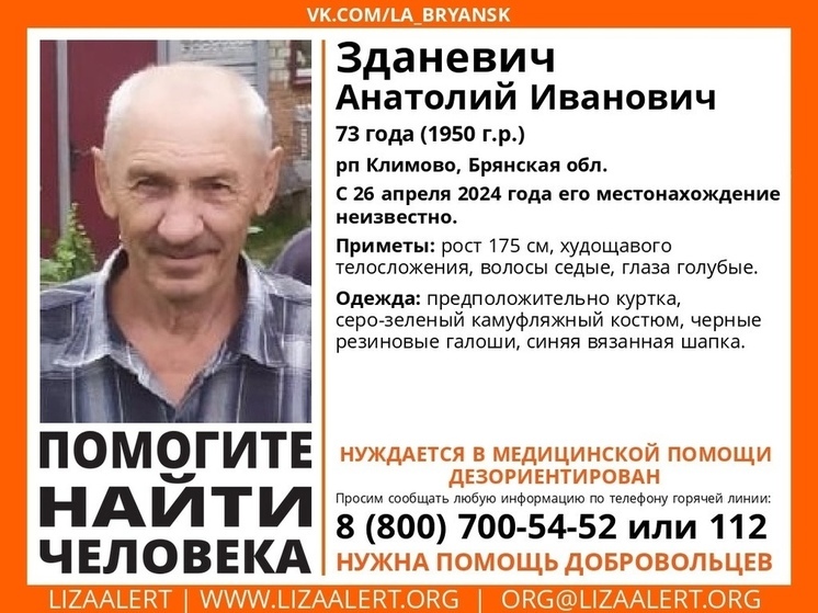 В Брянской области ищут 73-летнего Анатолия Зданевича из Климово