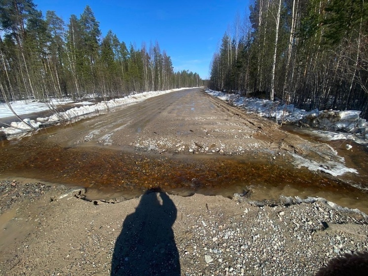 Ручей пробил себе широкое русло поперек дороги в Калевальском районе