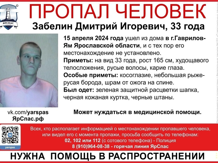 В Ярославской области больше 20 дней не могут найти косоглазого мужчину