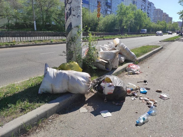 Кучи мешков с мусором лежат по улице Бабушкина в Чите