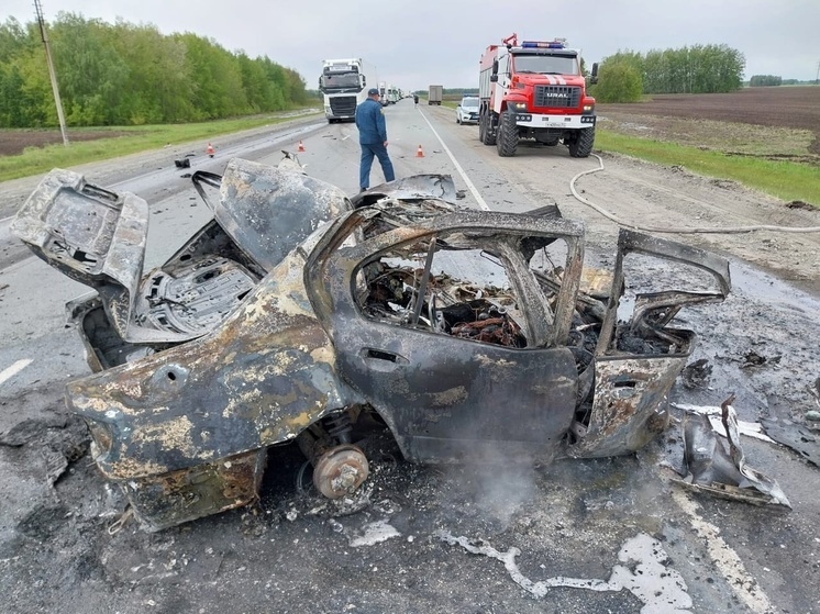 Иномарка сгорела на трассе в Омской области после столкновения с большегрузом