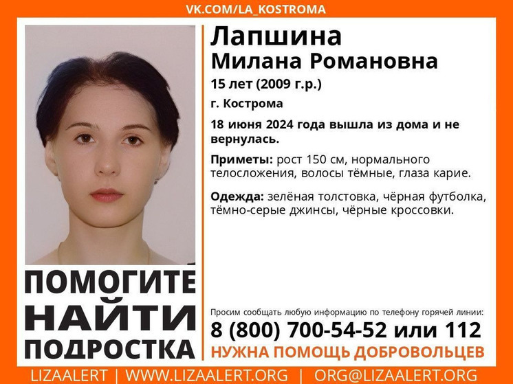 Костромские волонтеры разыскивают 15-летнюю школьницу из села Никольское