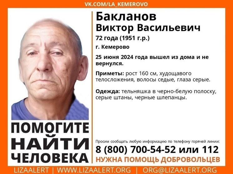 72-летний мужчина в черно-белой тельняшке бесследно исчез в Кузбассе