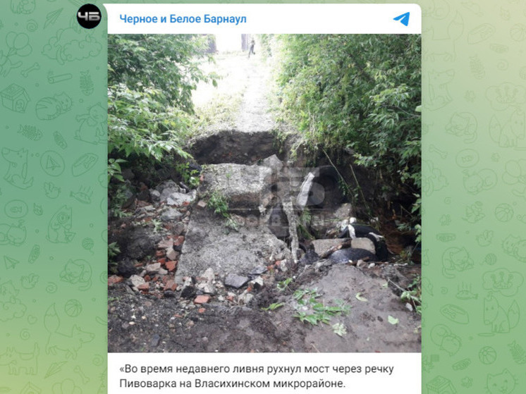 В Барнауле после сильного ливня разрушился мост через Пивоварку