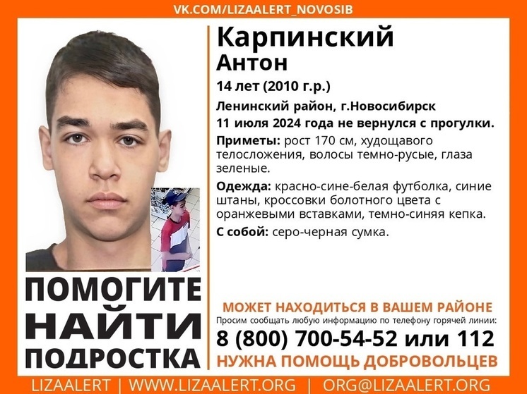 В Новосибирске разыскивают 14-летнего подростка, не вернувшегося после прогулки