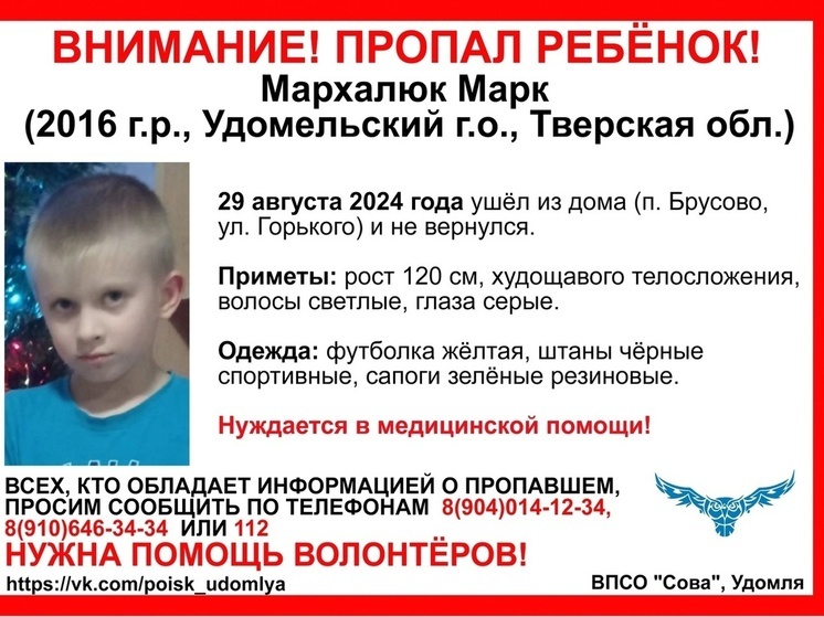 В Тверской области ищут 8-летнего мальчика в желтой футболке и зеленых резиновых сапогах