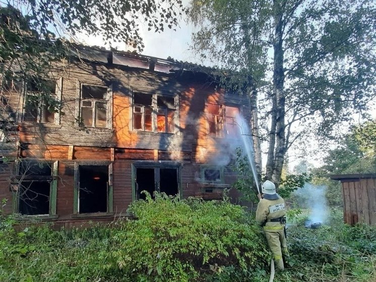 Двухэтажный дом вспыхнул в Окуловке на улице Ленина