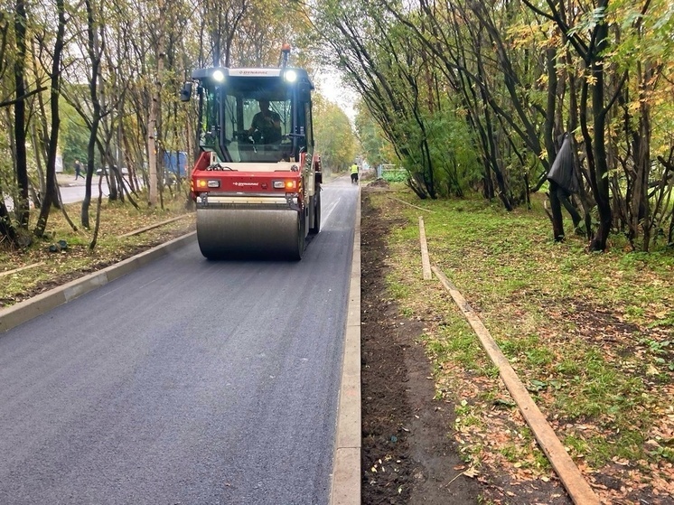 Подрядчик обустраивает тротуар на улице Александра Невского в Мурманске