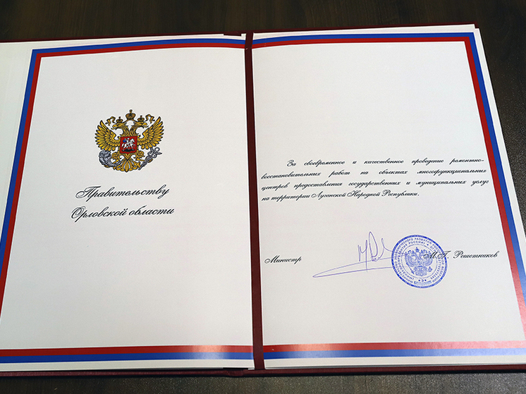 Благодарственное письмо за капремонт помещений МФЦ в ЛНР получило правительство Орловской области