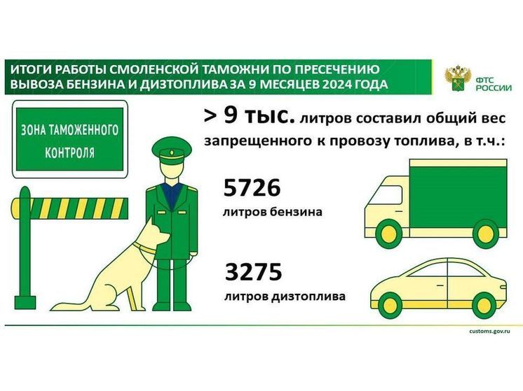 Вывоз из России 9 тонн топлива предотвратили смоленские таможенники