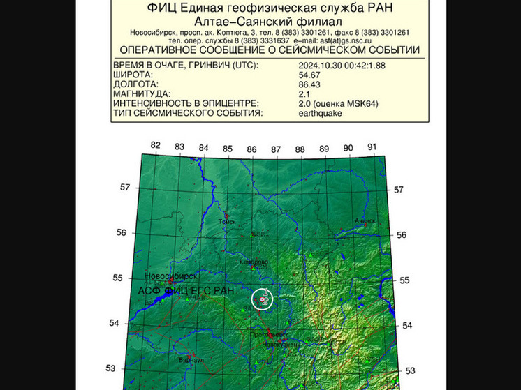 Землетрясение магнитудой 2,1 произошло в Кузбассе