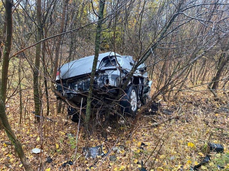 В Воронежской области от лобового столкновения иномарка улетела в кювет и повисла на деревьях