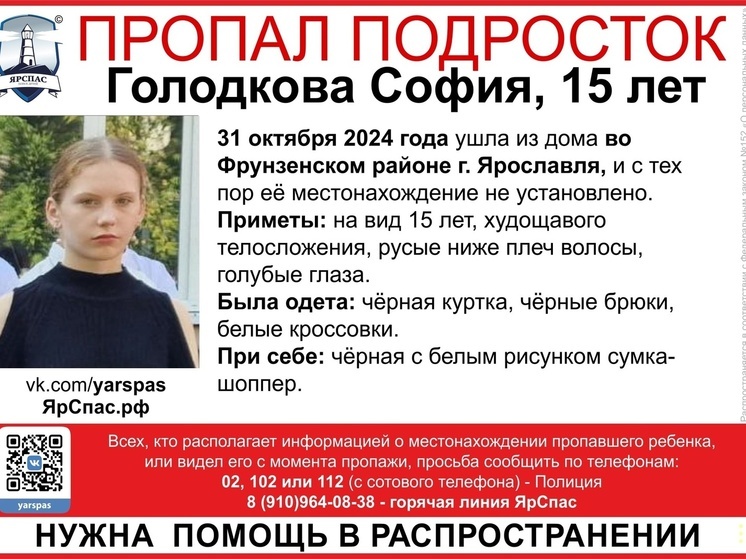 В Ярославле пропала 15-летняя школьница