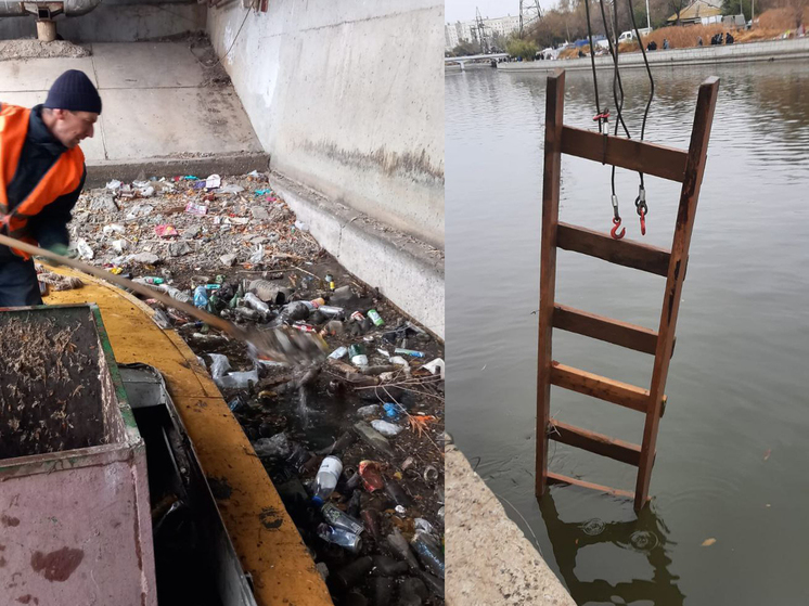 В Астрахани в городских каналах поднялся уровень воды, а следовательно всплыл мусор