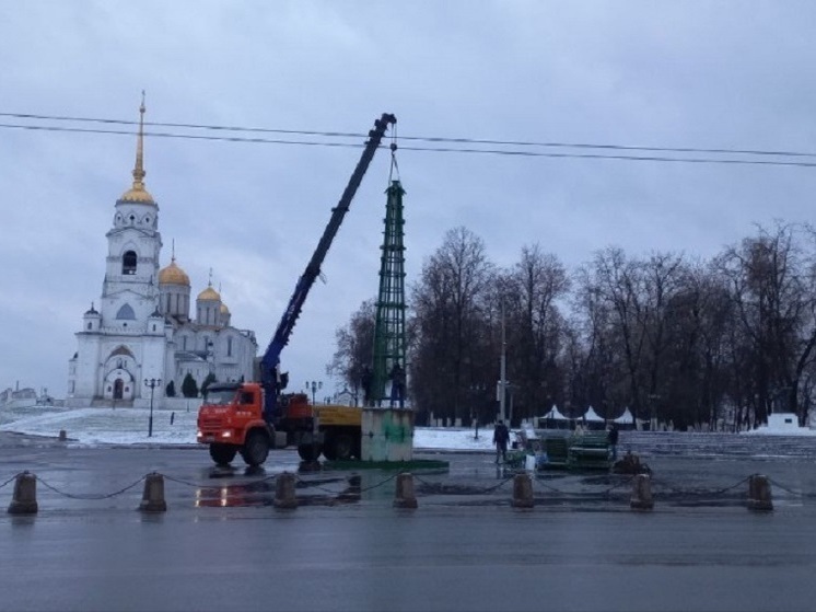 Во Владимире начали монтировать главную городскую новогоднюю ель