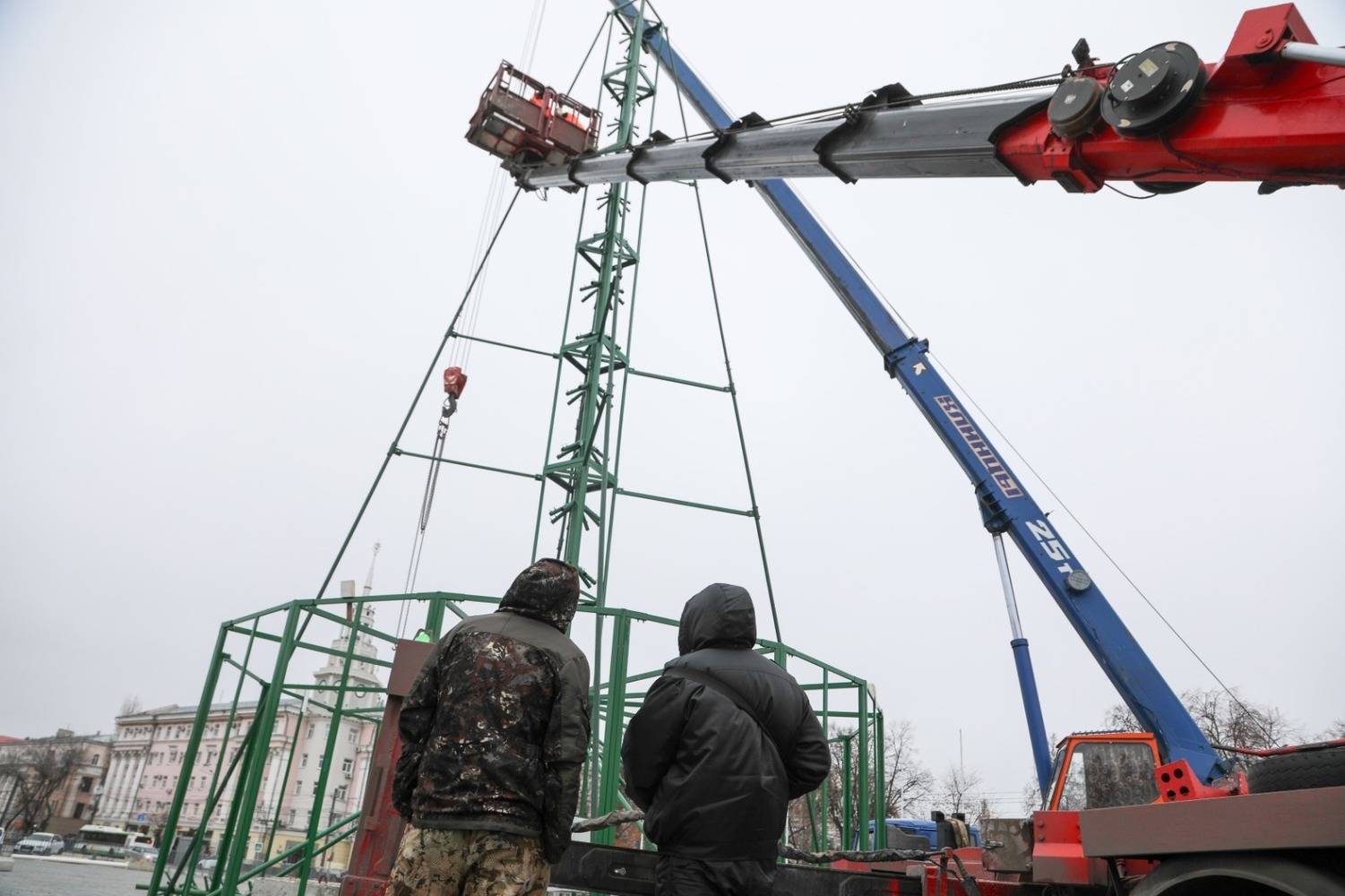 На площади Ленина в Воронеже начали собирать новогоднюю елку