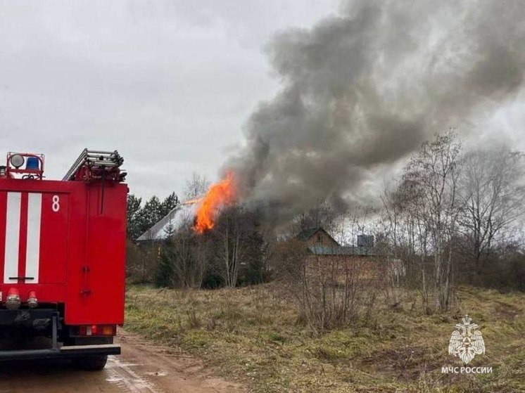 Новгородские спасатели тушат частный дом в деревне Плашкино