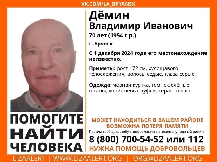В Брянске ищут пропавшего 70-летнего Владимира Дёмина