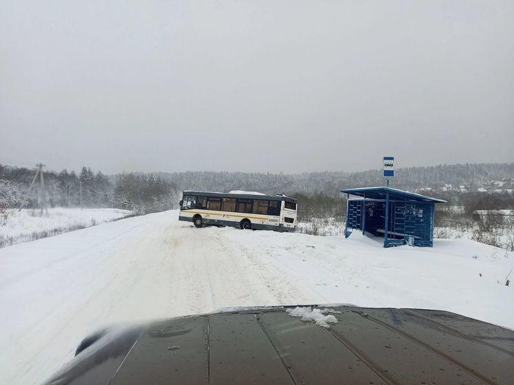 Автобус угодил в кювет на заснеженной дороге в Подмосковье