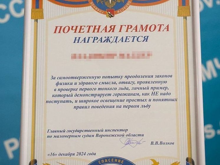 МЧС наградило почетной грамотой провалившегося под лед жителя Воронежа