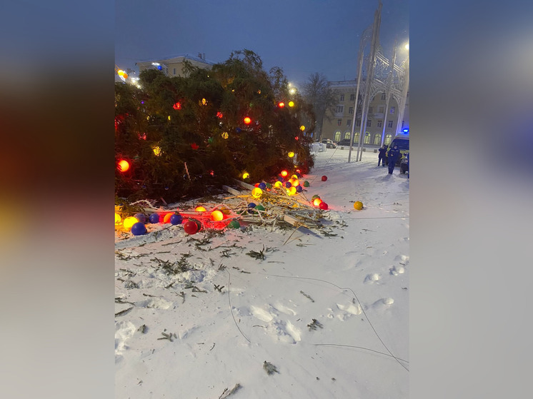 Мощный ветер повалил новогоднюю ель на площади в Уфе